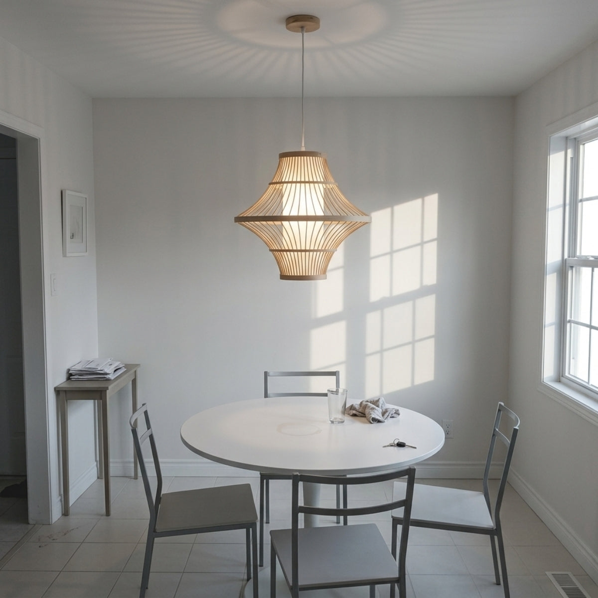 Solaya Handwoven Bamboo Pendant Light above dining table, flared bamboo shade throwing light down onto the surface rather than into diners eyes