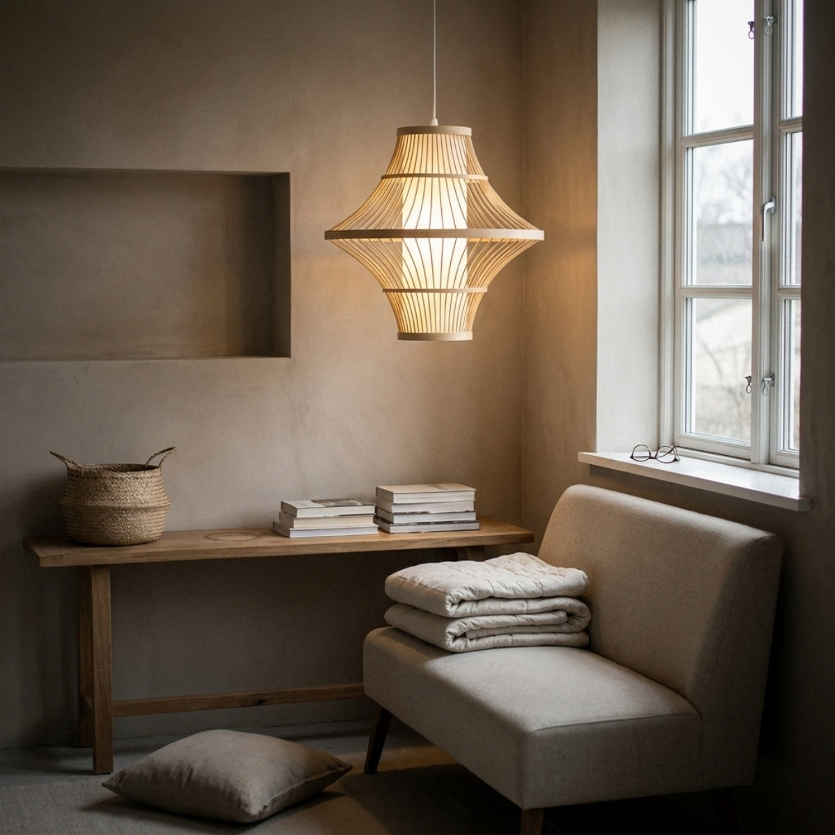 Solaya Handwoven Bamboo Pendant Light in living room, flared lantern reading as a focal point over the sofa with warm scattered ambient fill light