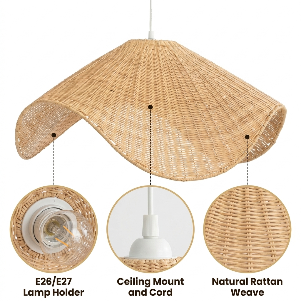 Spence Rattan Pendant Light with open wave-form rattan strip weave, natural matte finish, adjustable suspension mount, one E26 socket for warm ambient light
