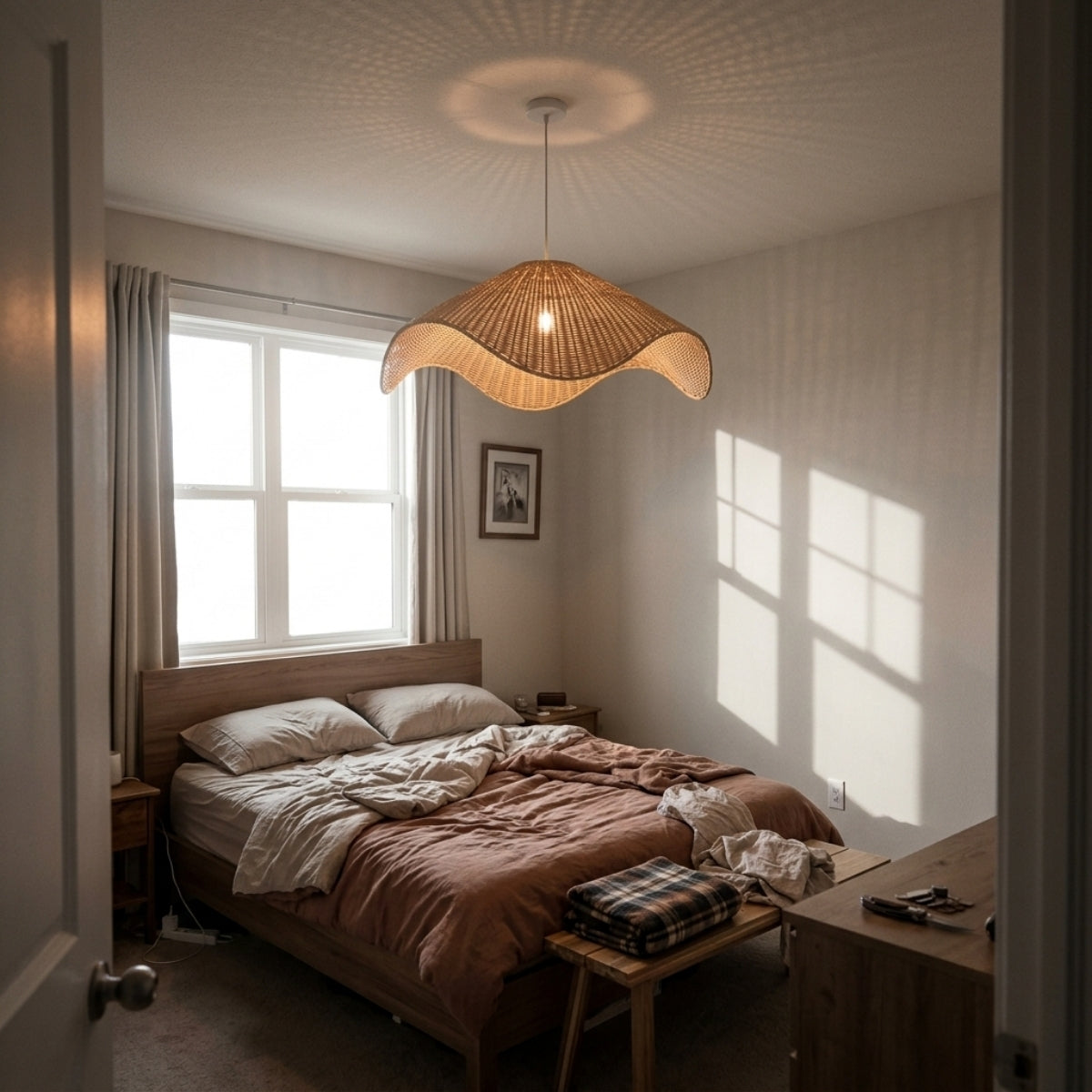 Spence Rattan Pendant Light in bedroom, smallest wave shade sized proportionally beside the nightstand, open weave throwing a soft rippling light pattern