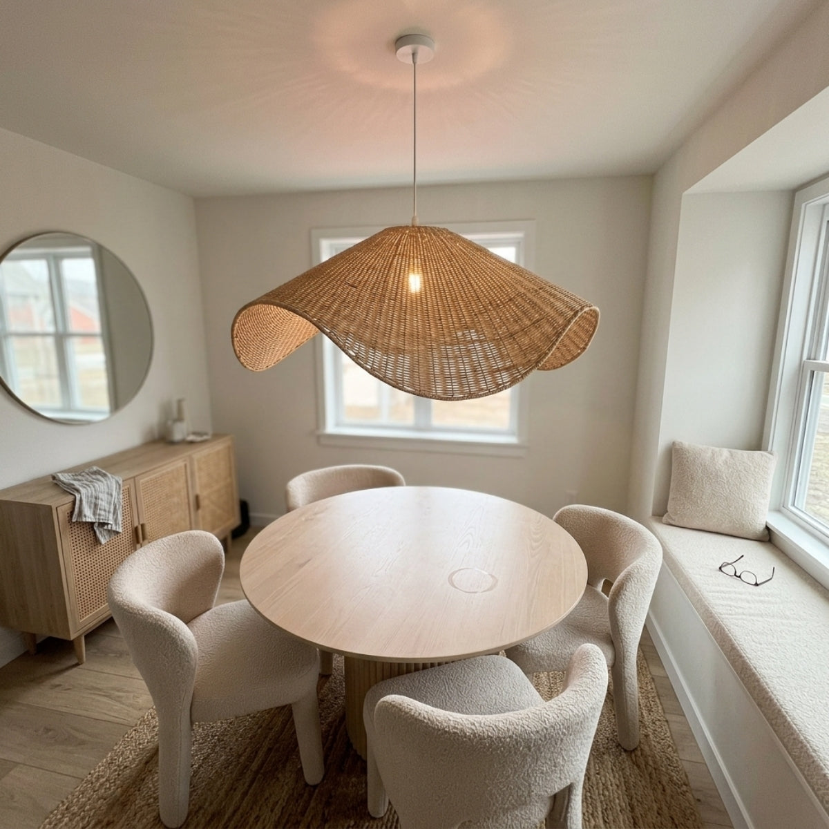 Spence Rattan Pendant Light above dining table, wave curve shade staying clear of eye level while casting rippling shadows across the tabletop below