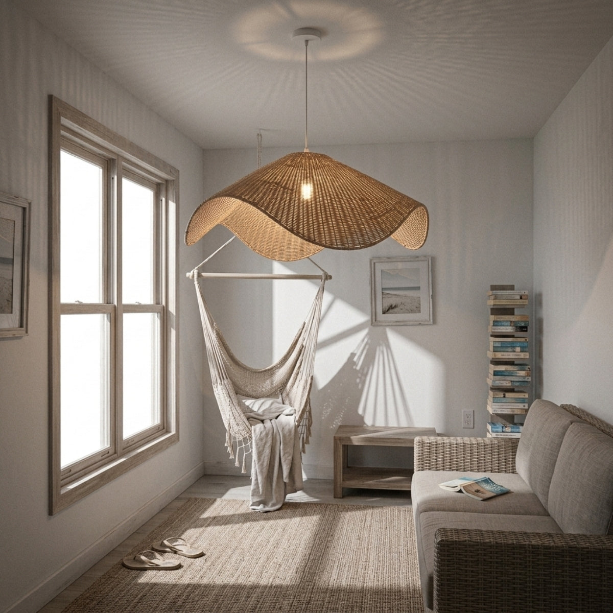 Spence Rattan Pendant Light in living room, larger wave shade reading as a centerpiece over the coffee table with rippling shadow patterns nearby