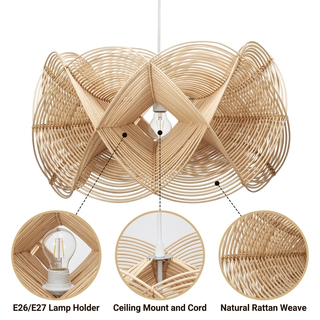 Spiral Rattan Pendant Light with interlocking spiral weave, four-band wave form, natural matte finish, adjustable suspension mount, one E26 socket for ambient glow