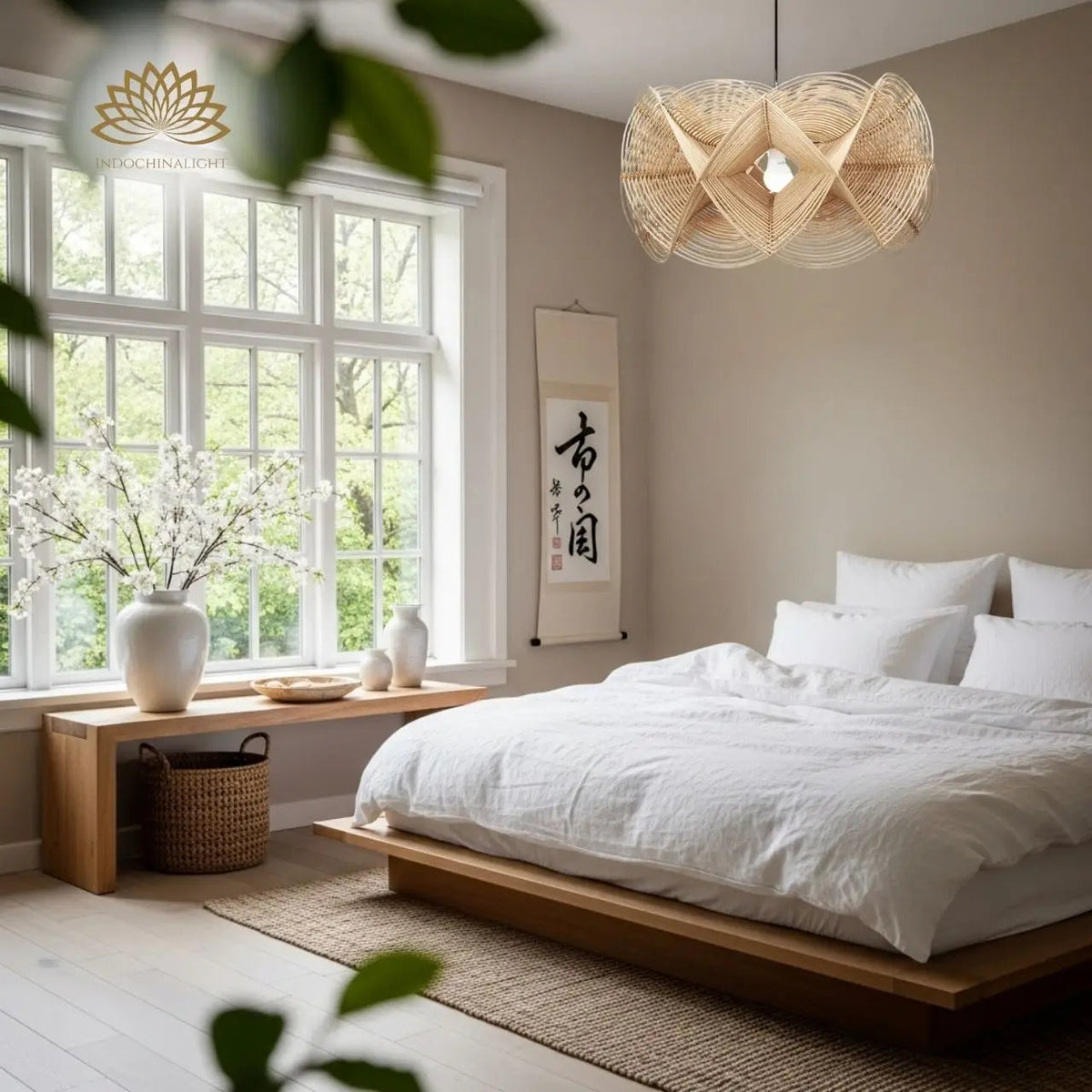 Spiral Rattan Pendant Light in bedroom, spiral shade replacing a table lamp beside the bed, open rattan weave keeping the glow soft overhead