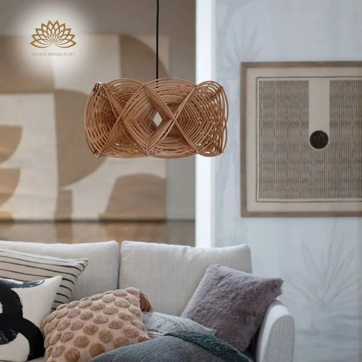Spiral Rattan Pendant Light in living room, spiral wave form reading as a centerpiece over the coffee table with dimmable ambient light overhead