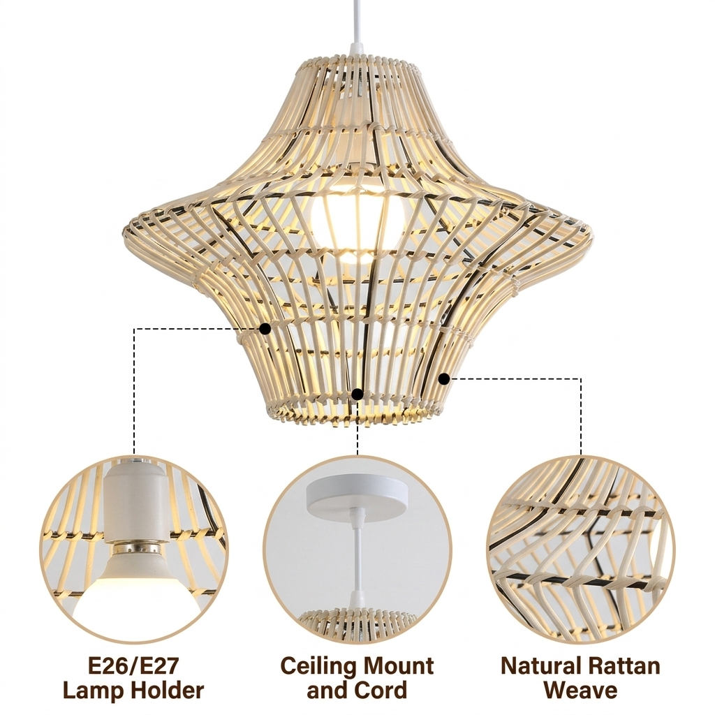 Starweave White Woven Rattan Hanging Light with cage flared starburst weave, white matte finish, adjustable suspension mount, one E26 socket for ambient glow