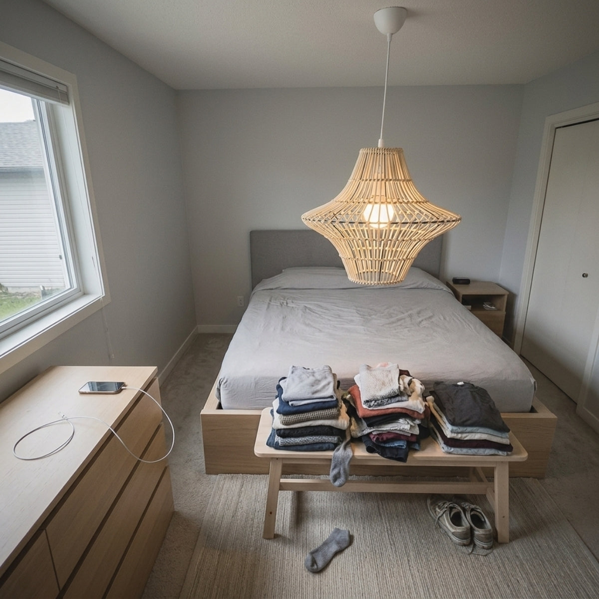 Starweave White Woven Rattan Hanging Light in bedroom, open starburst weave softening light beside the bed for late reading without harsh overhead glare