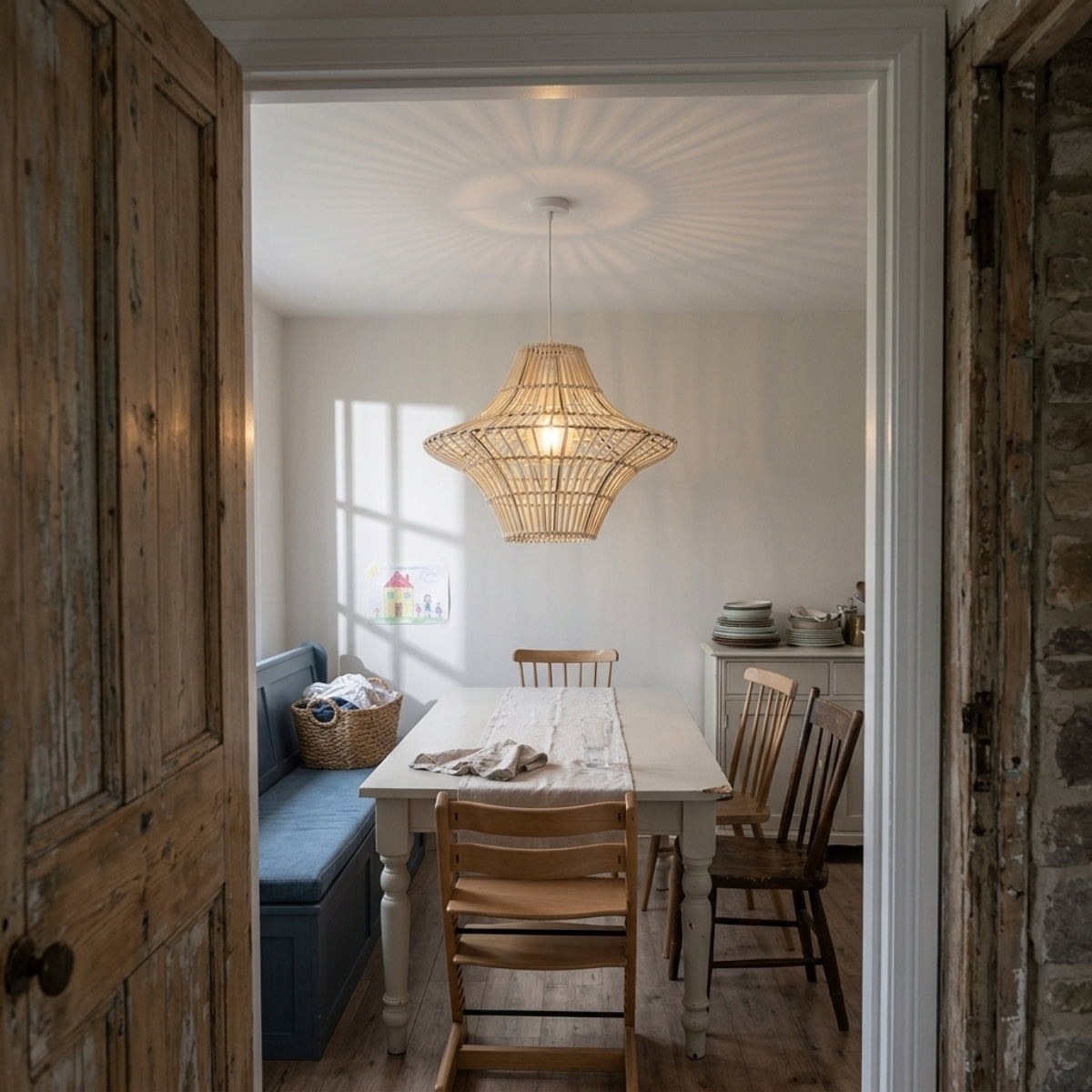 Starweave White Woven Rattan Hanging Light above dining table, flared white cage shade lighting place settings evenly without glaring into diners eyes