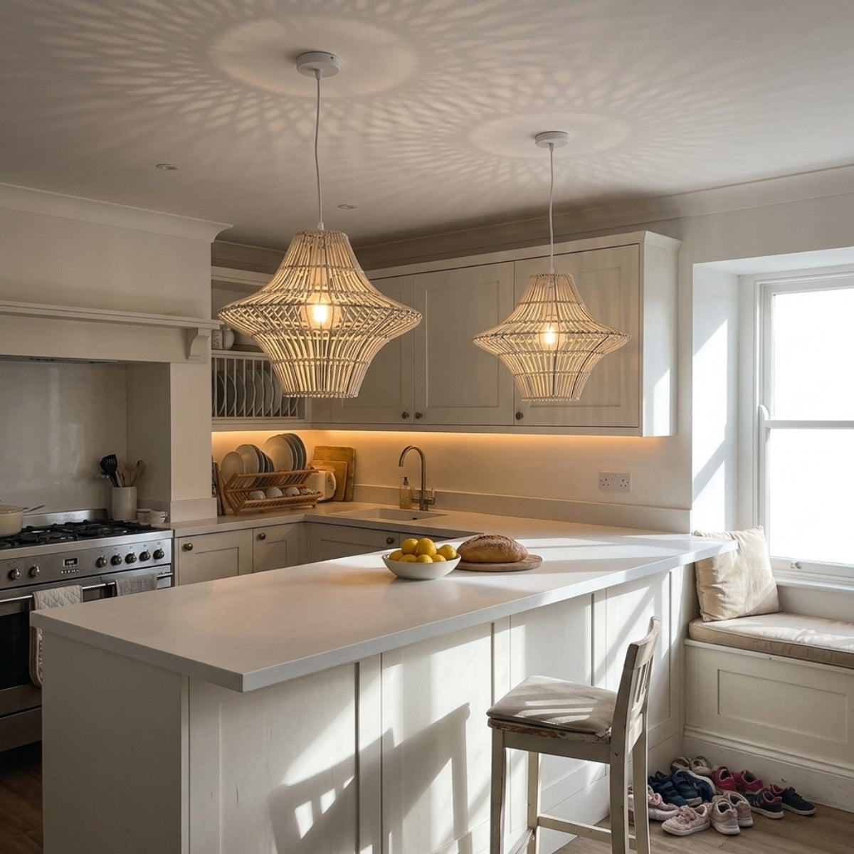 Starweave White Woven Rattan Hanging Light over kitchen island, clustered white starburst shades spaced evenly, keeping sightlines open across the prep counter