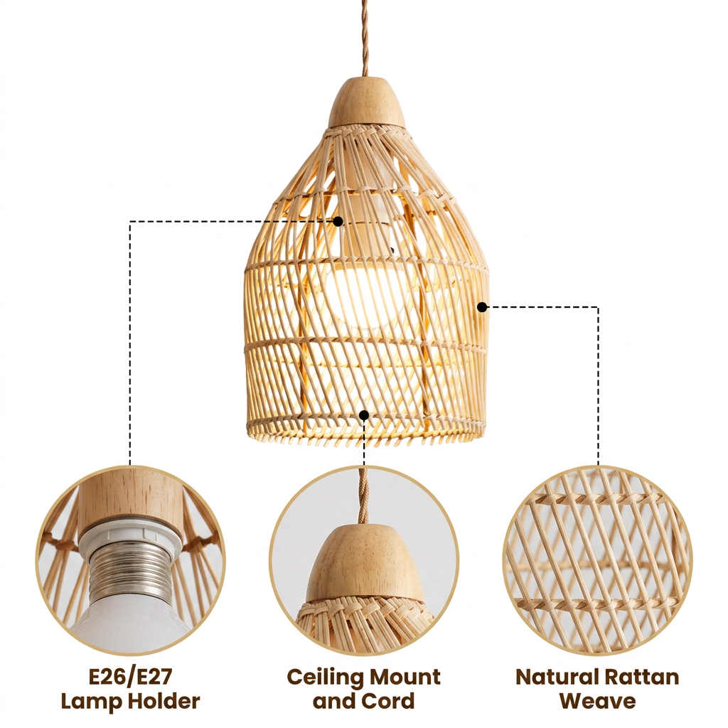 Stylish Small Rattan Basket Pendant Light Shade with hand-plaited open basket weave, tapered conical form, natural matte finish, adjustable mount, warm ambient E26 glow