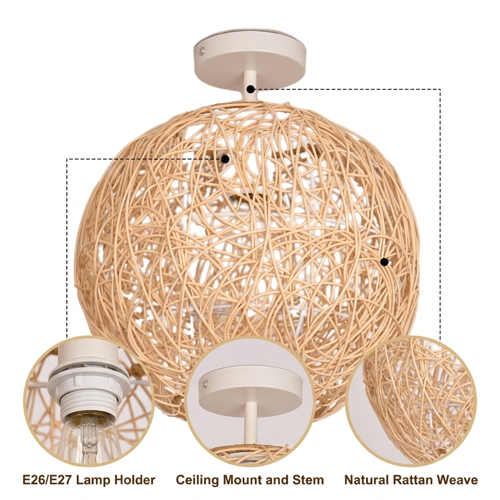 Sucada Round Rattan Ceiling Light Fixture with random nest-weave cocoon form, natural matte finish, adjustable suspension cord mount, one E26 socket for ambient glow