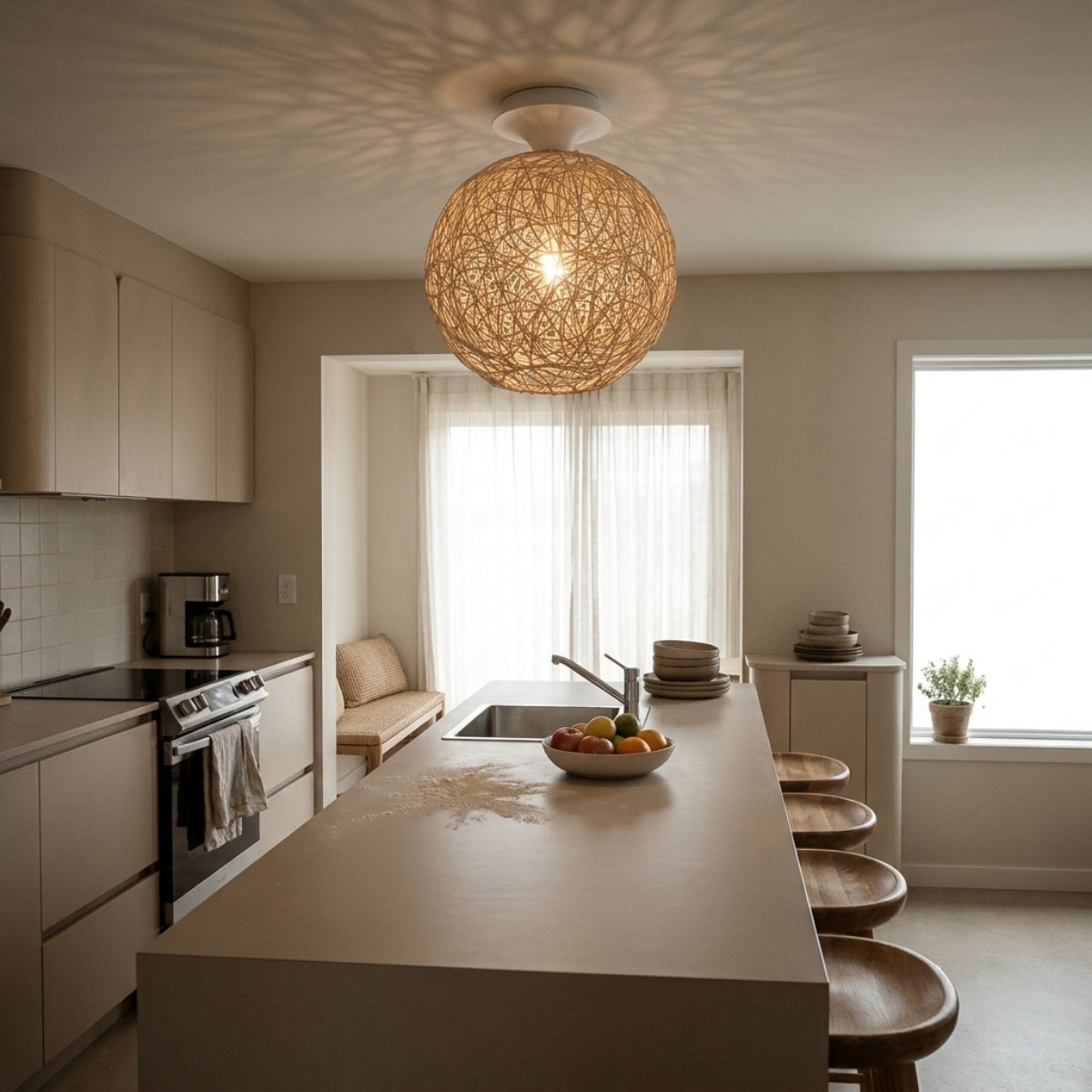 Sucada Round Rattan Ceiling Light Fixture over kitchen island, clustered cocoon spheres throwing warm woven patterns across the counter for even prep light