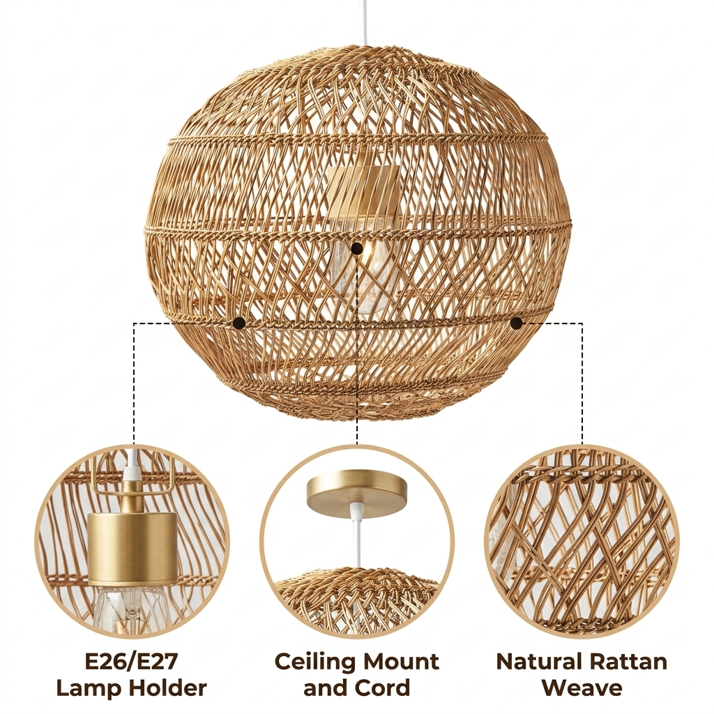 Summerland Round Rattan Pendant Light with graduated horizontal banding weave, natural matte finish, adjustable suspension mount, one E26 socket for warm ambient glow