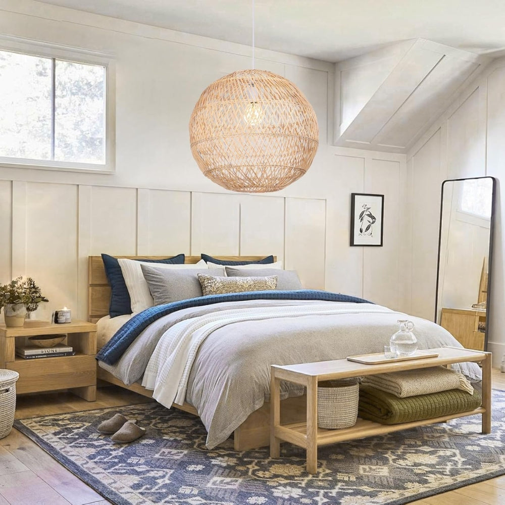 Summerland Round Rattan Pendant Light in bedroom, small globe clearing the nightstand, tight woven banding softening glare for late evening reading sessions
