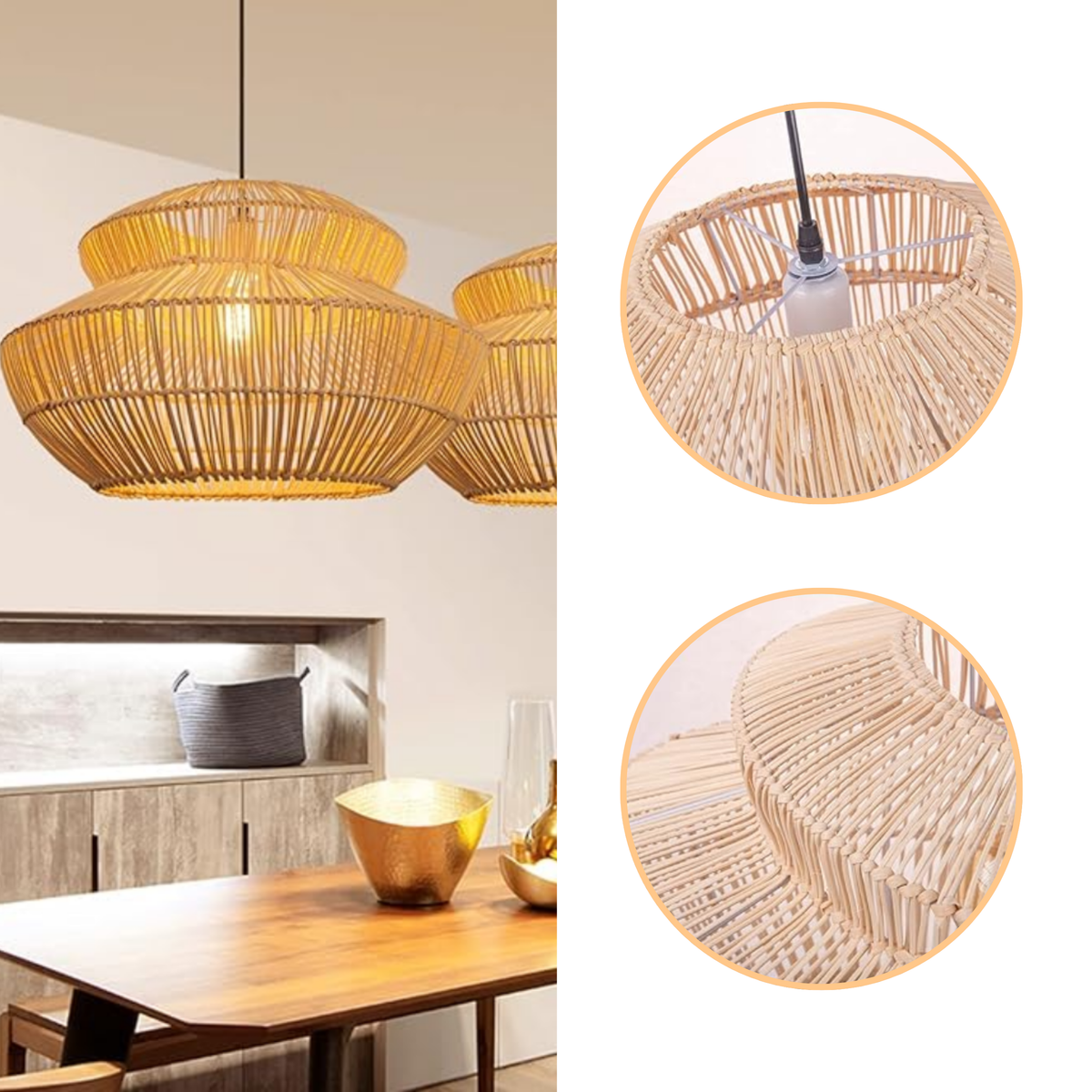Suru Boho Lantern Rattan Pendant Light with tiered open-weave rattan rings, natural matte finish, adjustable suspension mount, one E26 socket for warm glow