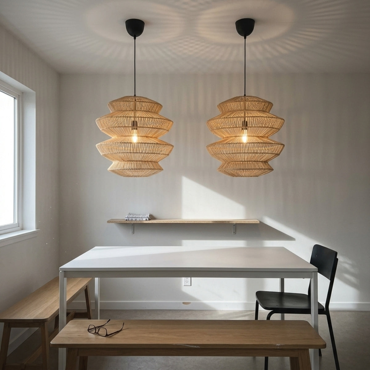 Suru Boho Lantern Rattan Pendant Light above dining table, Style A short wide tiers sitting low without blocking sightlines across the tabletop below