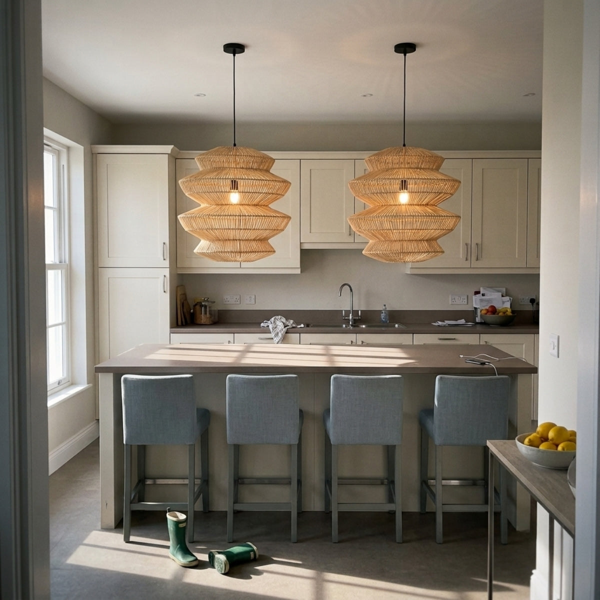 Suru Boho Lantern Rattan Pendant Light over kitchen island, compact Style A tiers clustered along the run, keeping the dome profile clear overhead