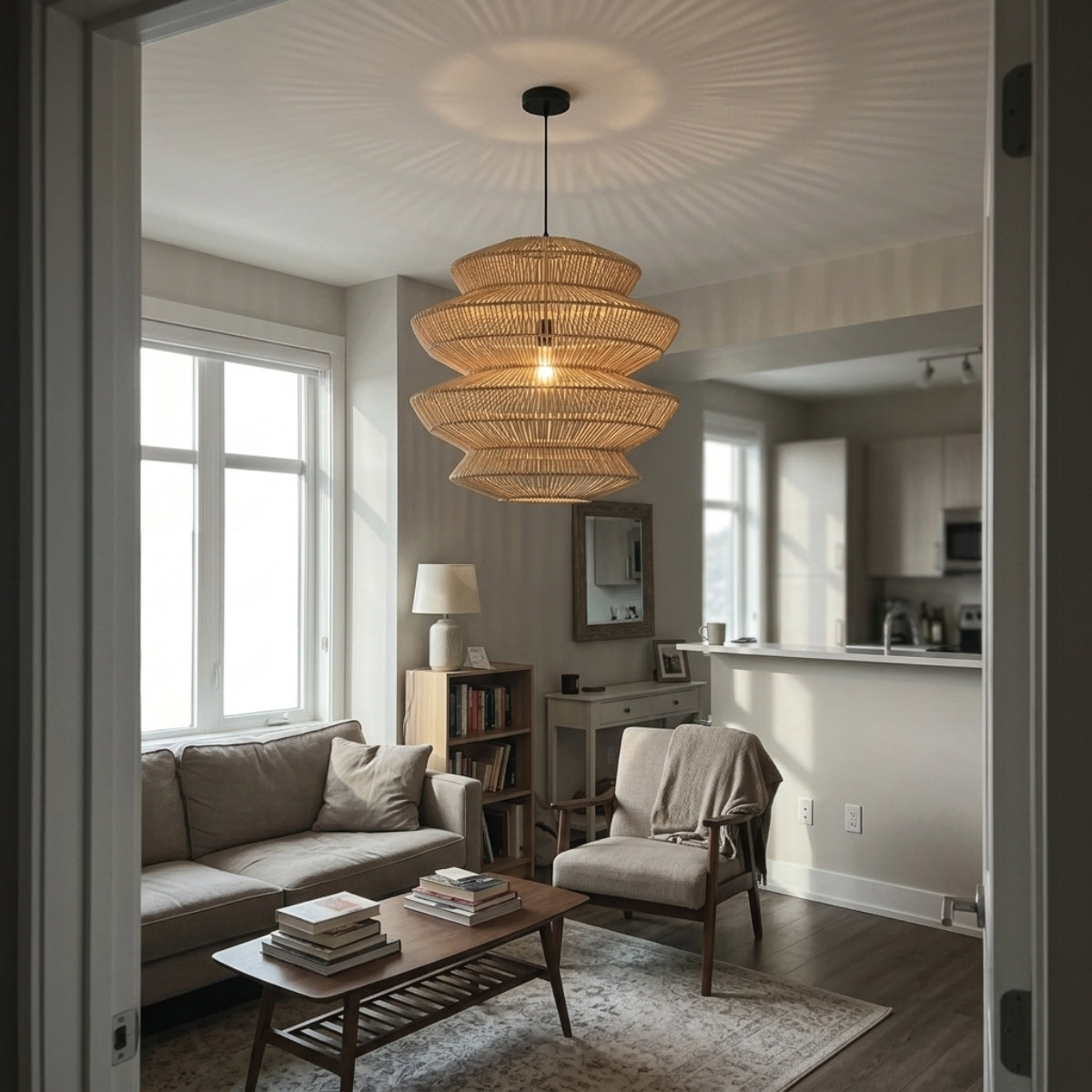 Suru Boho Lantern Rattan Pendant Light in living room, tall Style B lantern reading as a centerpiece with stacked rings visible from the sofa