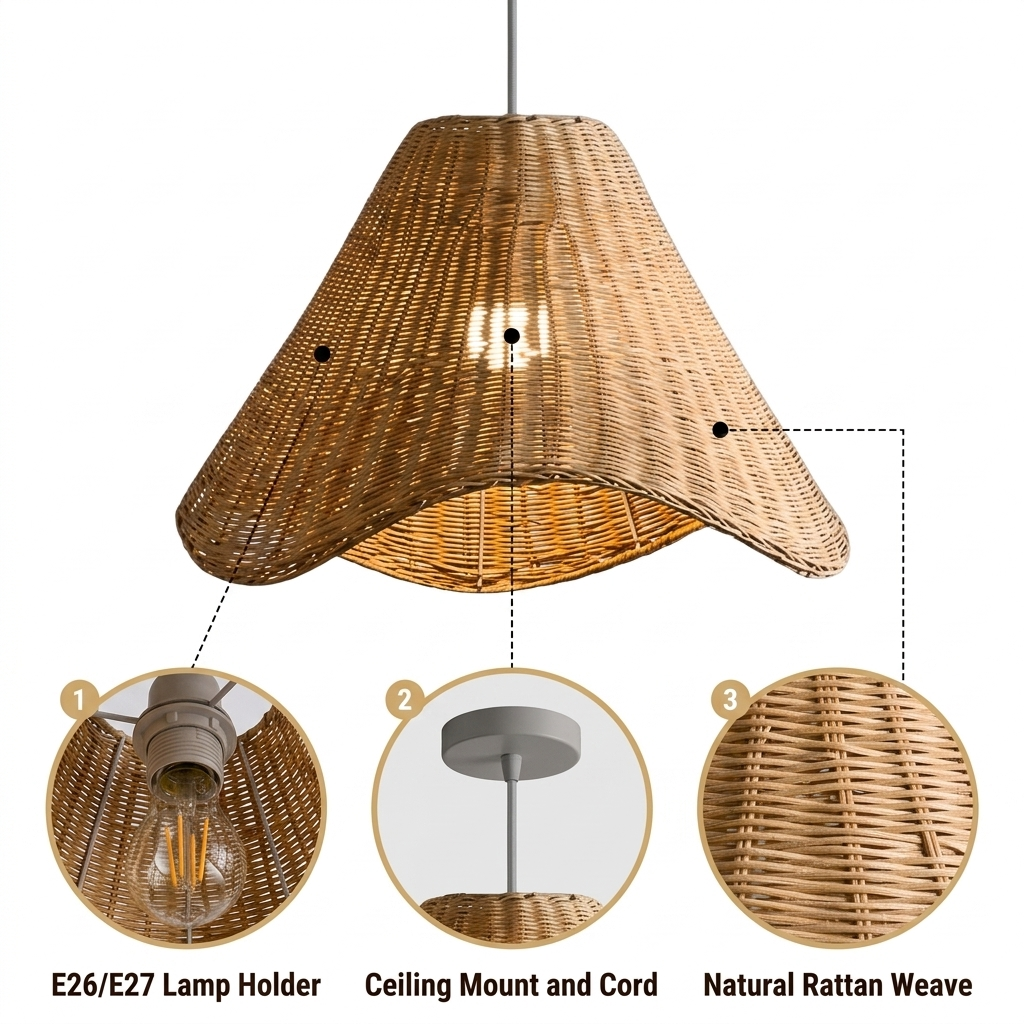 Sutton Knotted Rattan Pendant Light with hand-knotted open weave, wide tapered bell shade, natural matte finish, adjustable mount, downward task light with ambient ceiling wash