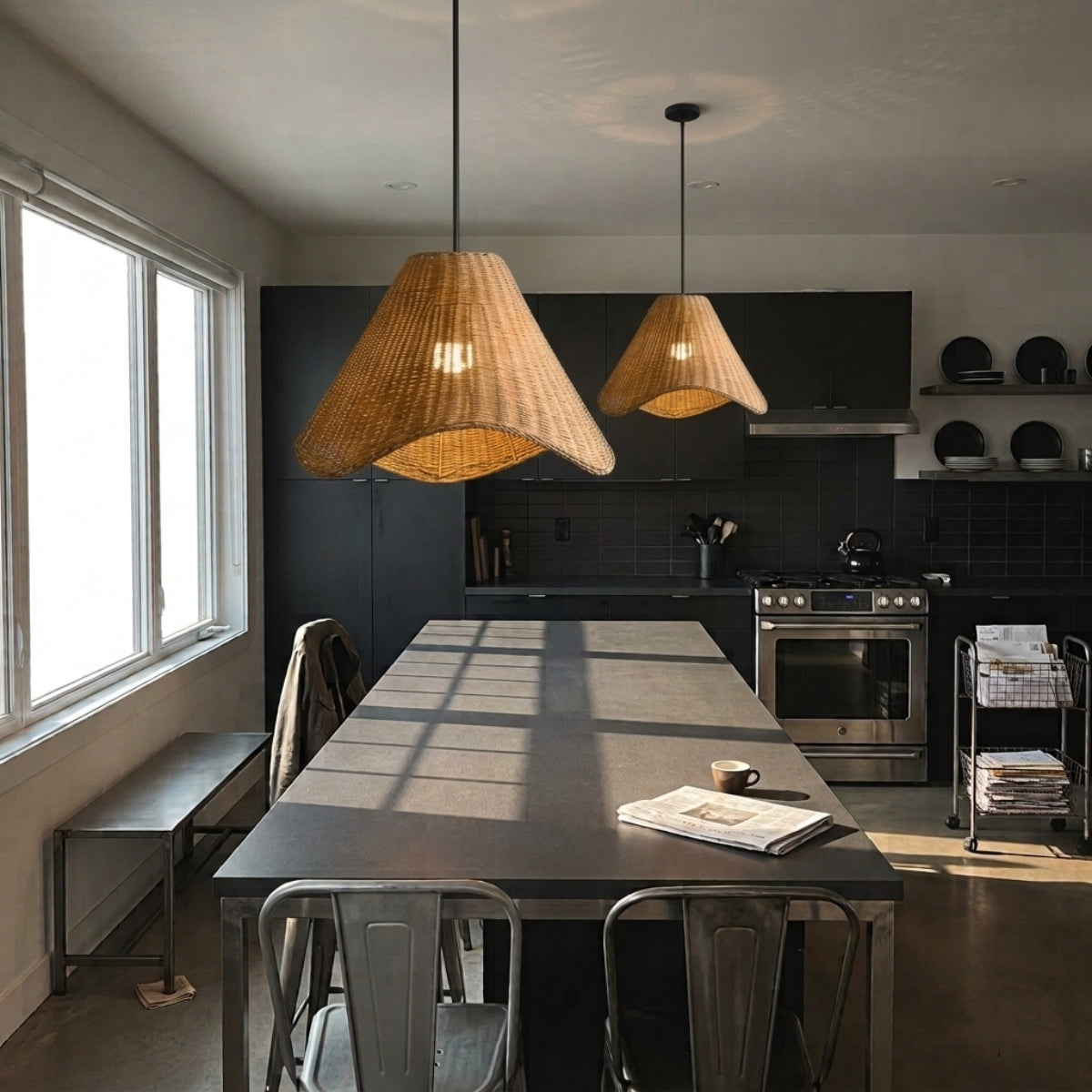 Sutton Knotted Rattan Pendant Light over kitchen island, clustered knotted shades spreading even soft light across the counter without one bulky fixture blocking views