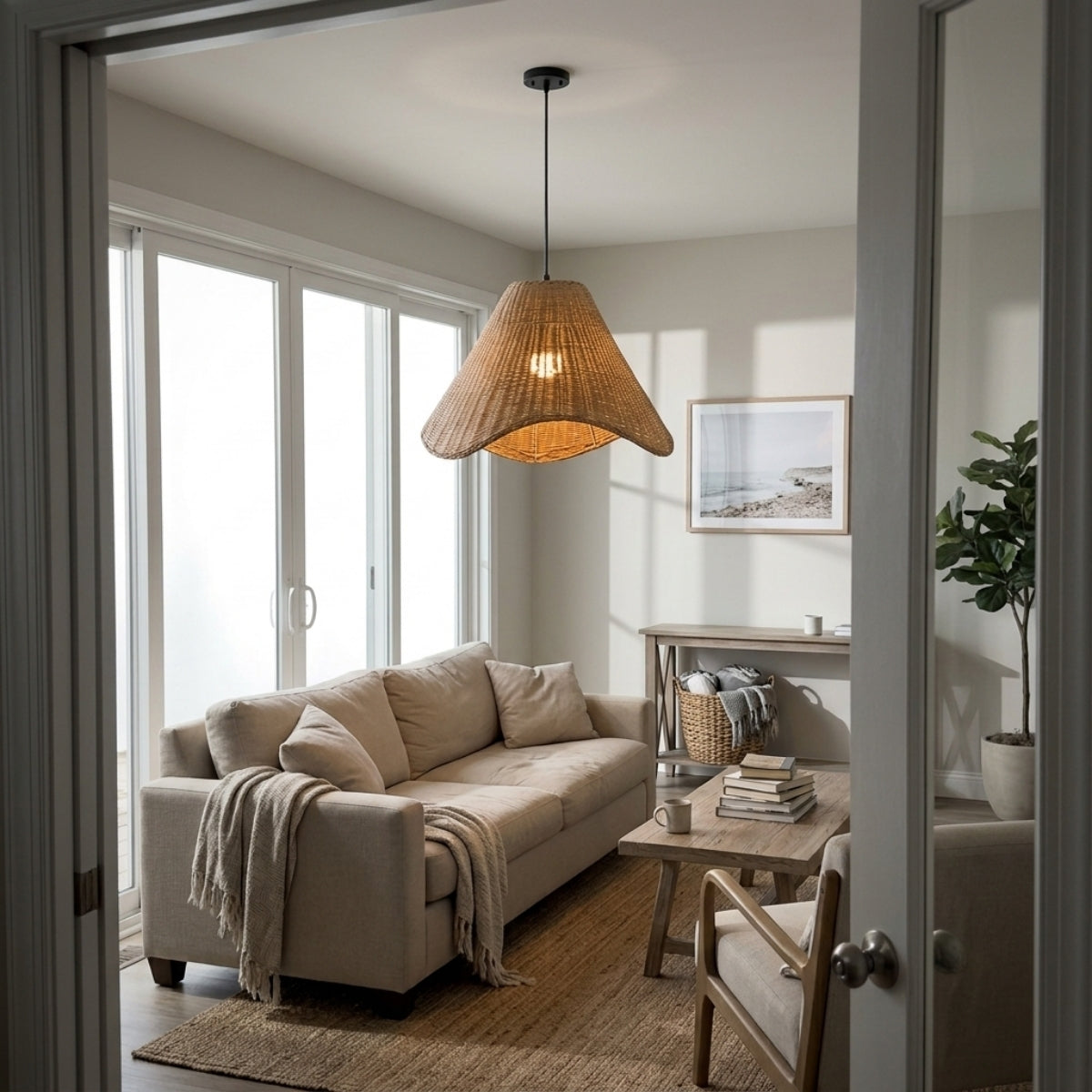 Sutton Knotted Rattan Pendant Light in living room, bell shade centered above the coffee table throwing ambient light across the room rather than glare