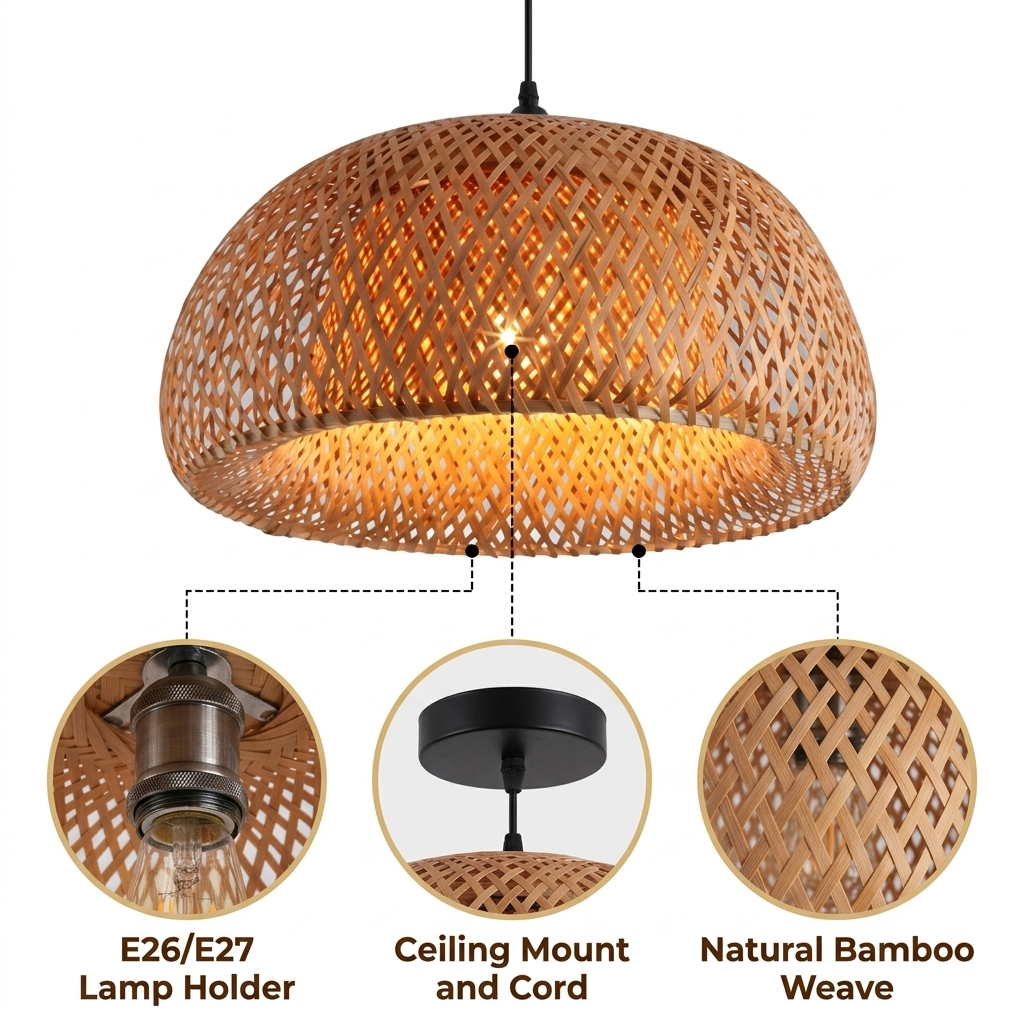 TAO Oriental Small Bamboo Basket Pendant Light with open lattice basket weave, wide shallow dome, natural matte finish, adjustable mount, warm ambient E26 glow