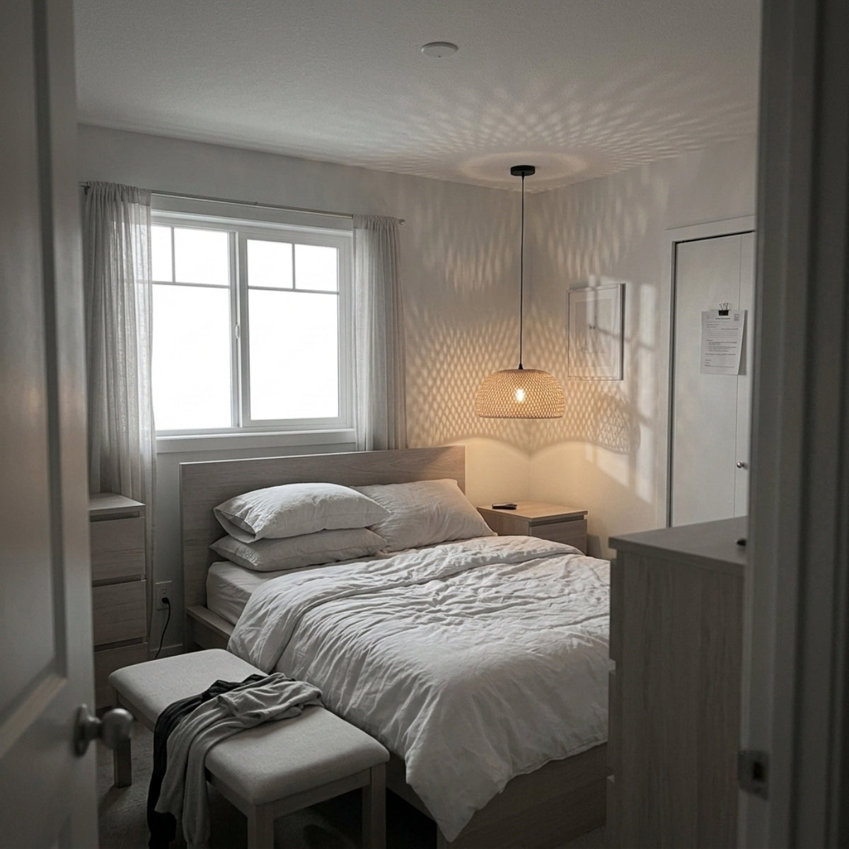 TAO Oriental Small Bamboo Basket Pendant Light in bedroom, small lattice dome beside the bed casting a soft woven pattern across the ceiling at night