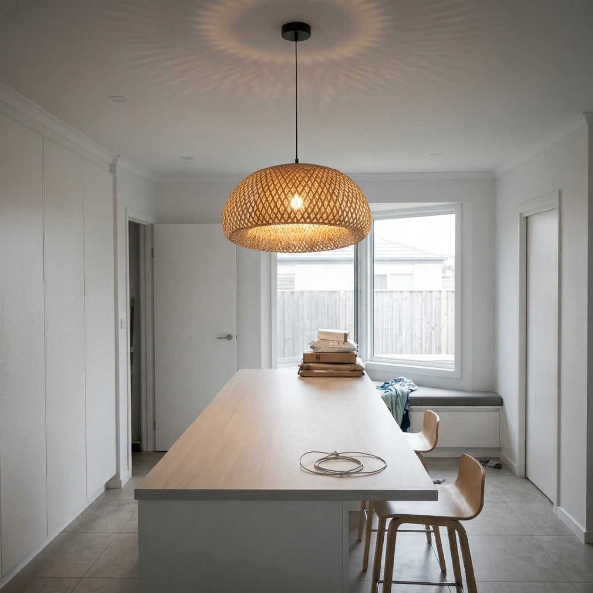TAO Oriental Small Bamboo Basket Pendant Light over kitchen island, clustered domes in a row, open bamboo weave still passing enough light for prep
