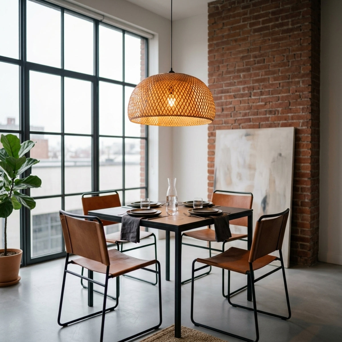 TAO Oriental Small Bamboo Basket Pendant Light above dining table, wide dome covering the surface without crowding sightlines across seated diners nearby