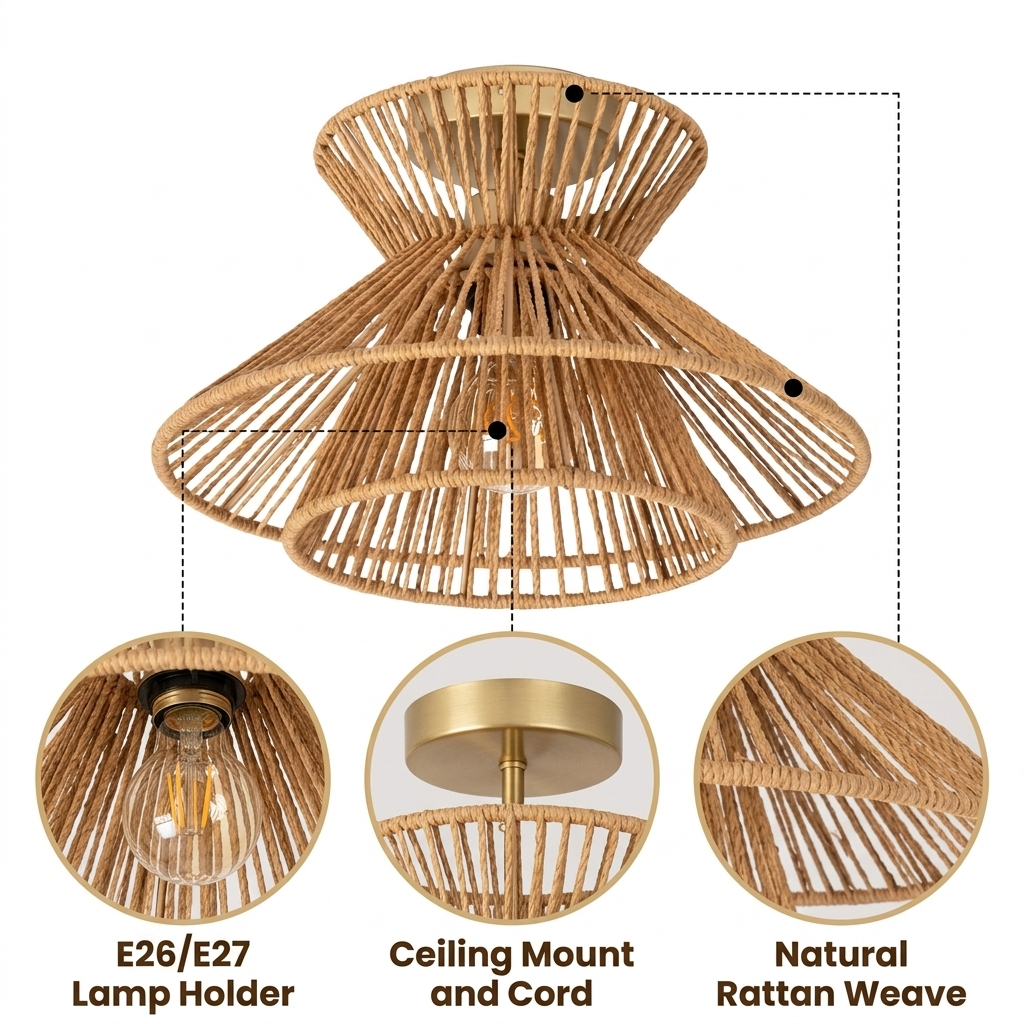 Tasman Wabi Sabi Rattan Ceiling Light with radial spoke open weave, paper rope construction, natural matte finish, adjustable suspension mount, warm ambient E26 glow