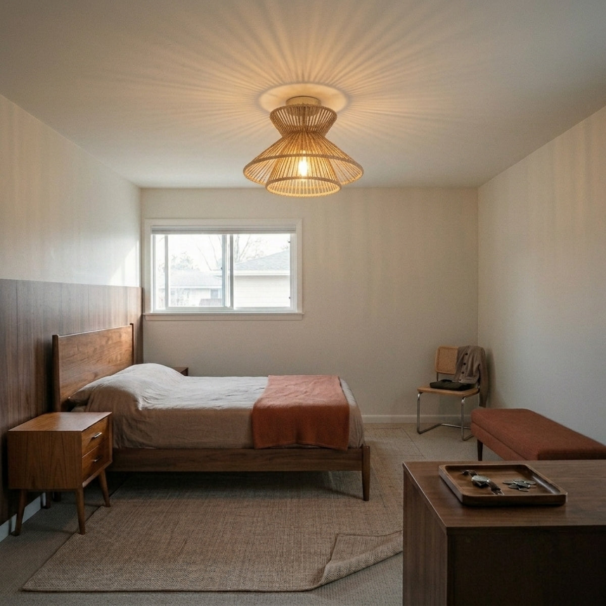 Tasman Wabi Sabi Rattan Ceiling Light in bedroom, tiered shade swapping in for a table lamp, open weave casting a soft pattern across the ceiling