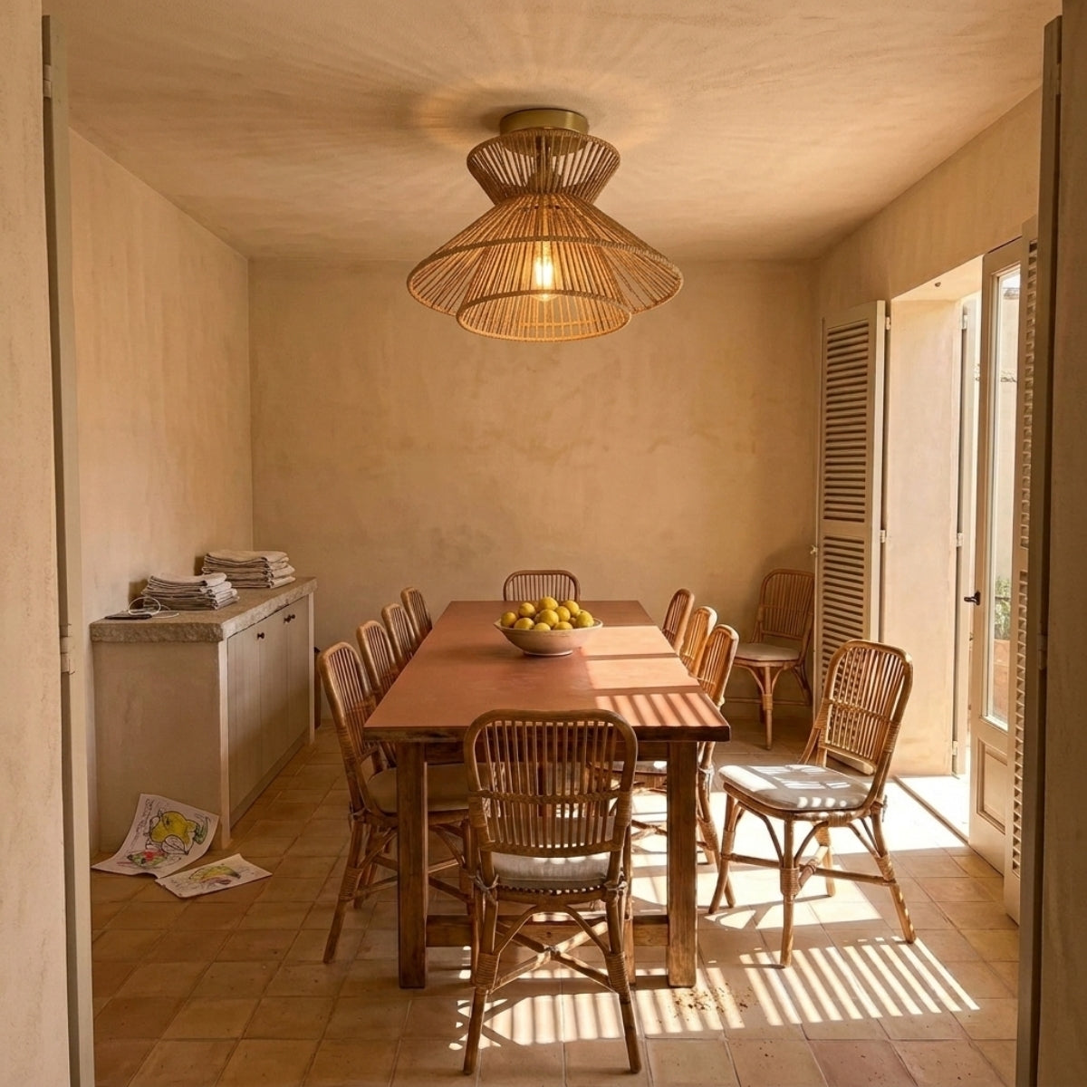 Tasman Wabi Sabi Rattan Ceiling Light above dining table, tiered shade sitting low over the table, open weave keeping light soft off place settings