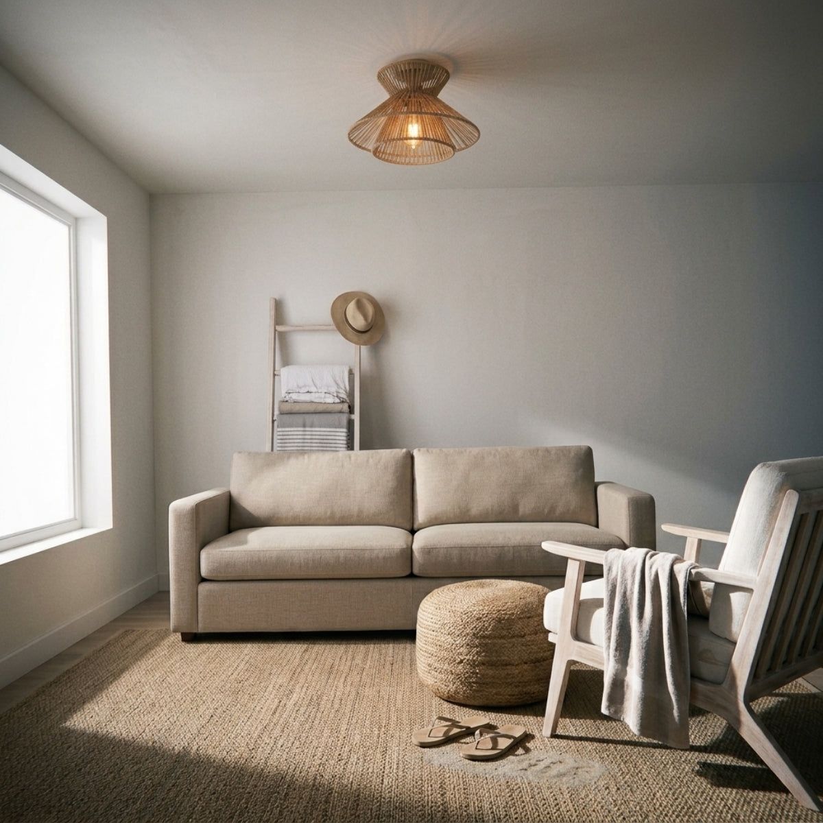 Tasman Wabi Sabi Rattan Ceiling Light in living room, tiered shade reading as sculptural focal light related to the sofa and coffee table below