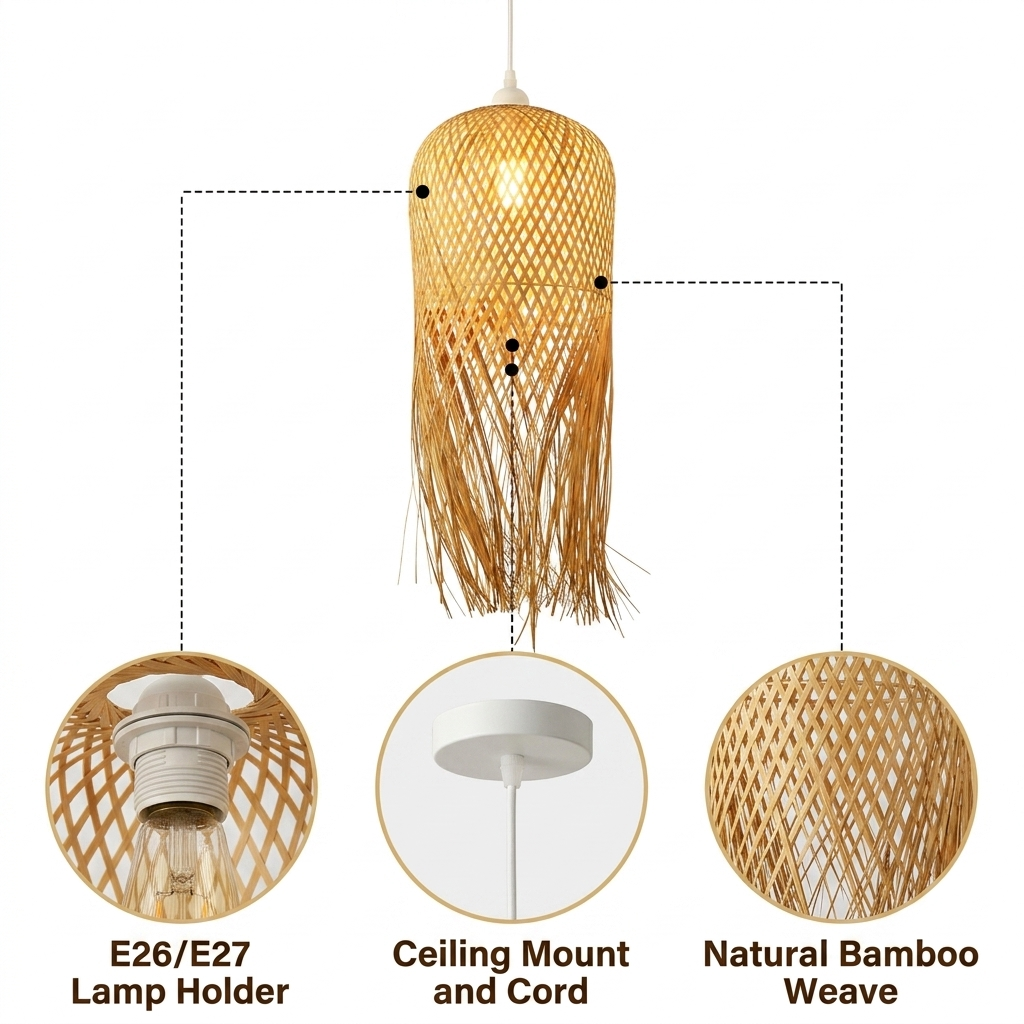 Tassel Bamboo Pendant Light Shade with open lattice weave and cascading tassel fringe, natural matte finish, adjustable suspension mount, warm ambient E26 glow
