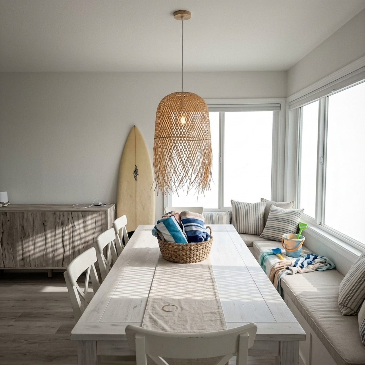 Tassel Bamboo Pendant Light Shade above dining table, tall dome covering the tabletop, fringe hanging clear of sightlines across seated diners nearby