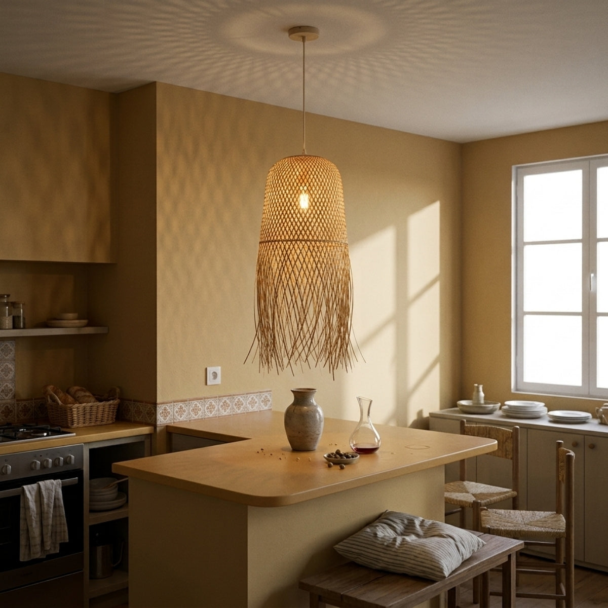 Tassel Bamboo Pendant Light Shade over kitchen island, grouped domes spaced evenly in a row, cascading fringe spreading light across the counter below