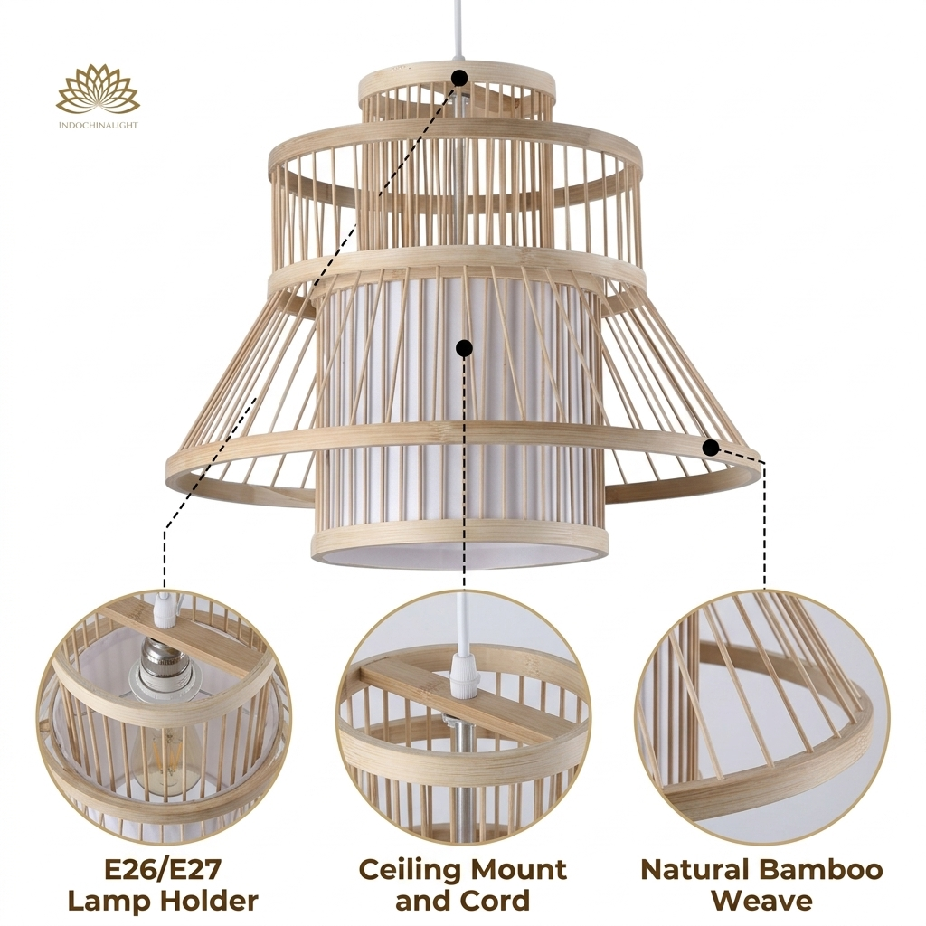 Tatami Bamboo Pendant Light with vertical slat cage, mortise and tenon joinery, natural matte finish, adjustable suspension mount, one E26 socket for ambient glow