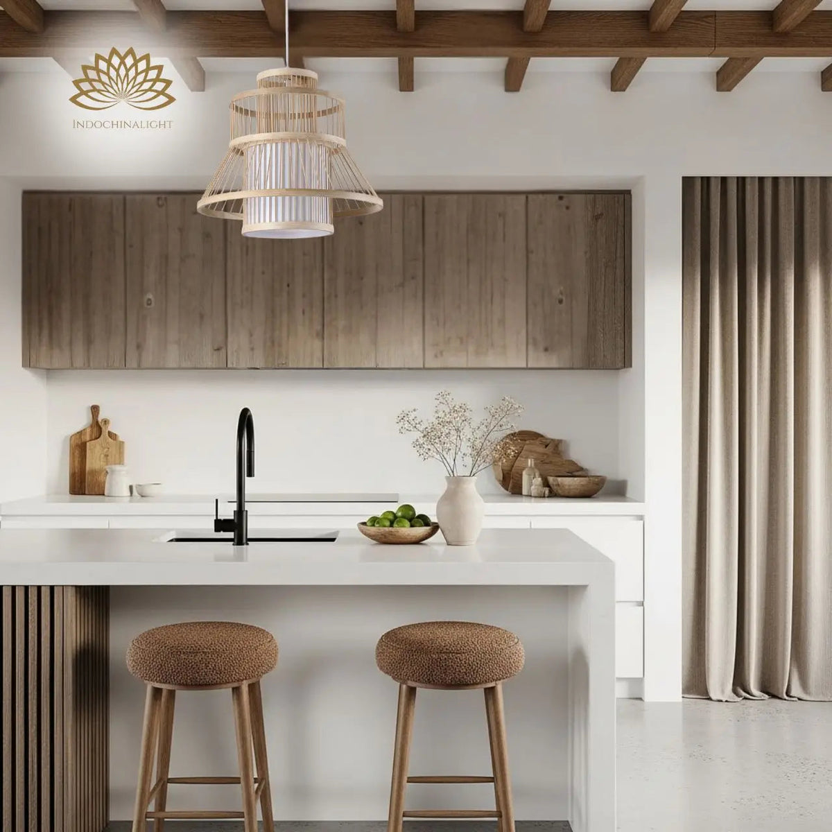 Tatami Bamboo Pendant Light over kitchen island, clustered slat cages spaced evenly along the counter for even task light during prep work