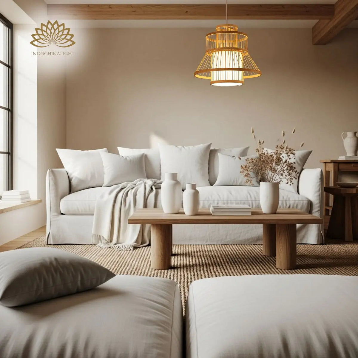Tatami Bamboo Pendant Light in living room, tiered cage working as a centerpiece over the coffee table, bamboo slats spreading ambient light across walls