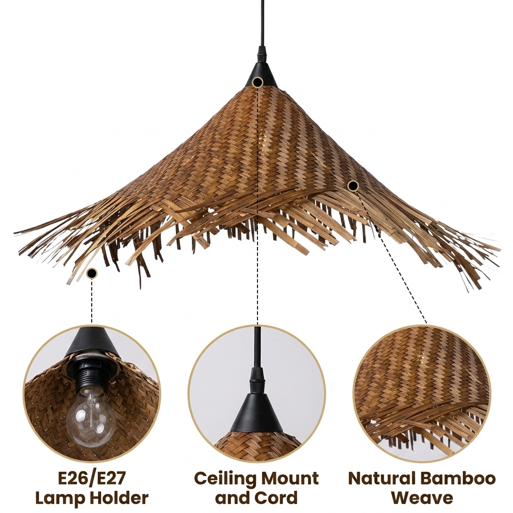 Tawee Wicker Bamboo Pendant Light with chevron bamboo weave and cascading fringe strands, natural matte finish, adjustable mount, downward task light with ambient ceiling wash