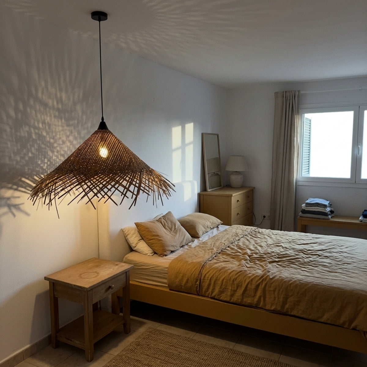 Tawee Wicker Bamboo Pendant Light in bedroom, cone shade beside the bed without crowding the nightstand, fringe casting a soft moving shadow at low dim