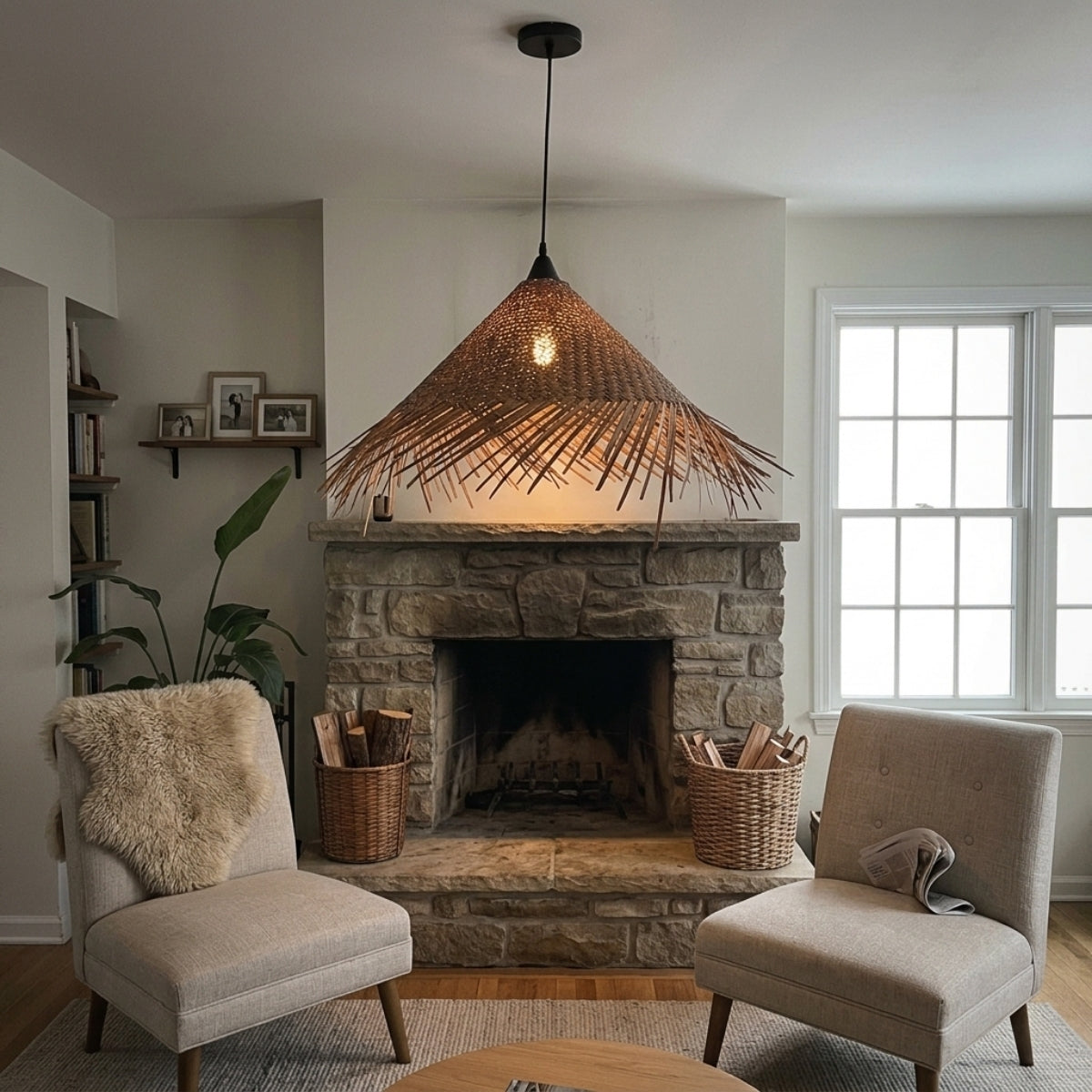 Tawee Wicker Bamboo Pendant Light in living room, wide cone centerpiece with chevron weave and fringe casting shadow play across the sofa and rug