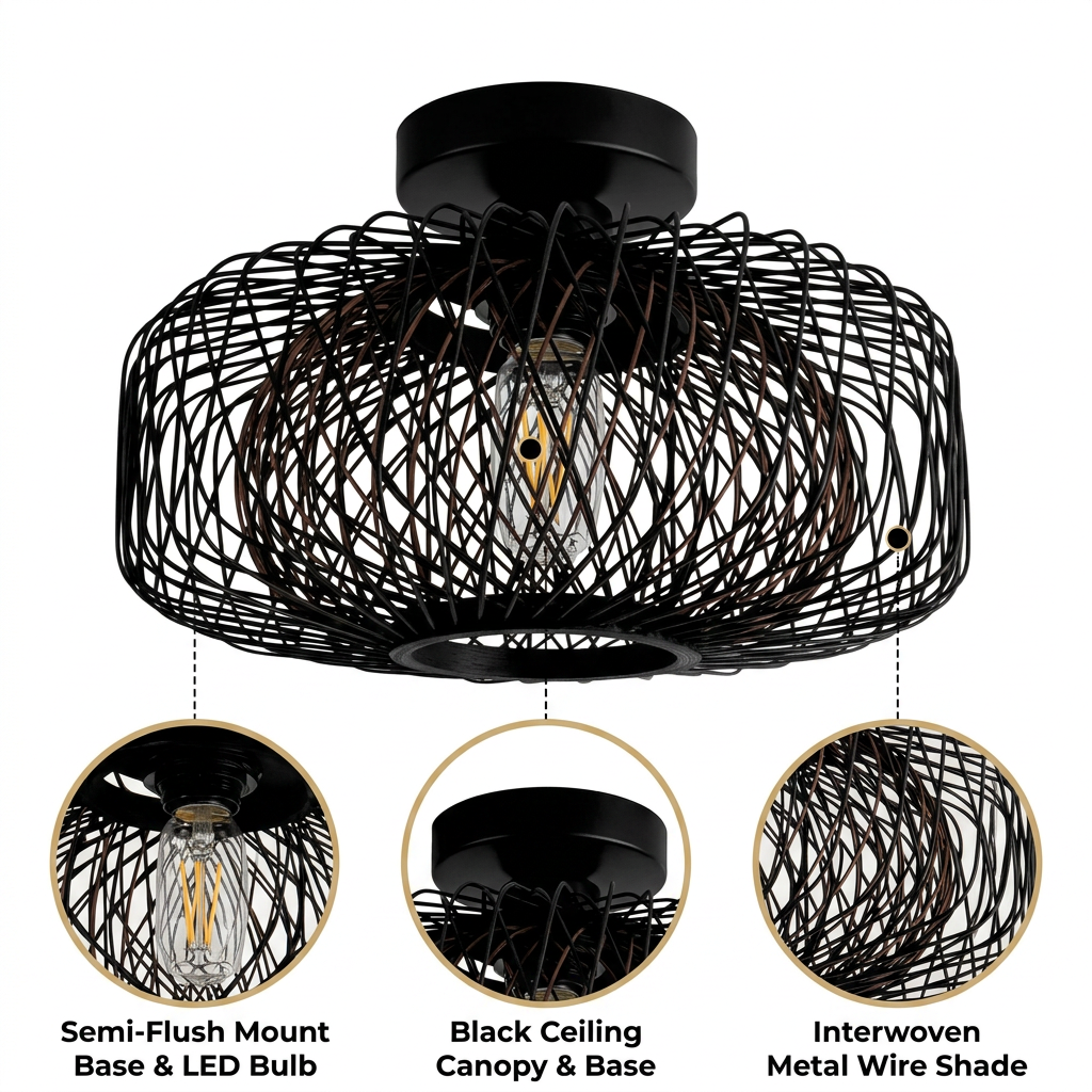 Tbaoinla Black Rattan Ceiling Light 16 Inches with radial open weave, black matte finish, flush ceiling mount with zero cord drop, one E26 socket