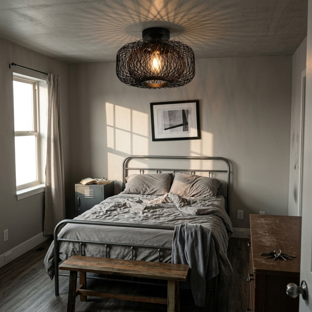 Tbaoinla Black Rattan Ceiling Light 16 Inches in bedroom, black woven shade swapping in for a table lamp beside a nightstand under 20 inches