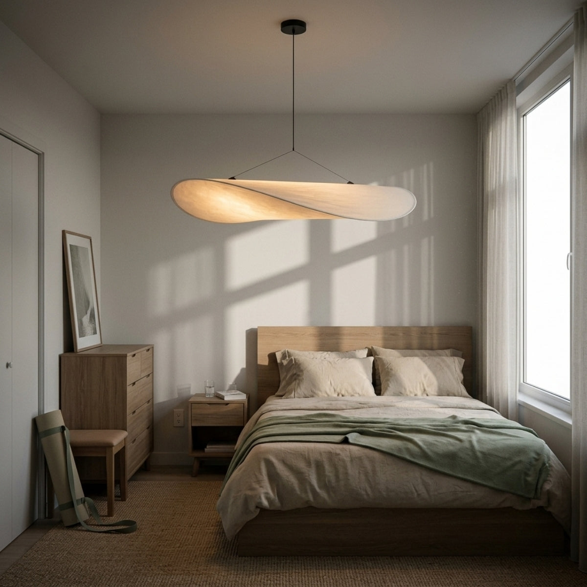 Tense Cloud Silk Pendant in bedroom, 15.7-inch shade beside the nightstand washing the wall in warm light within a compact bedside footprint