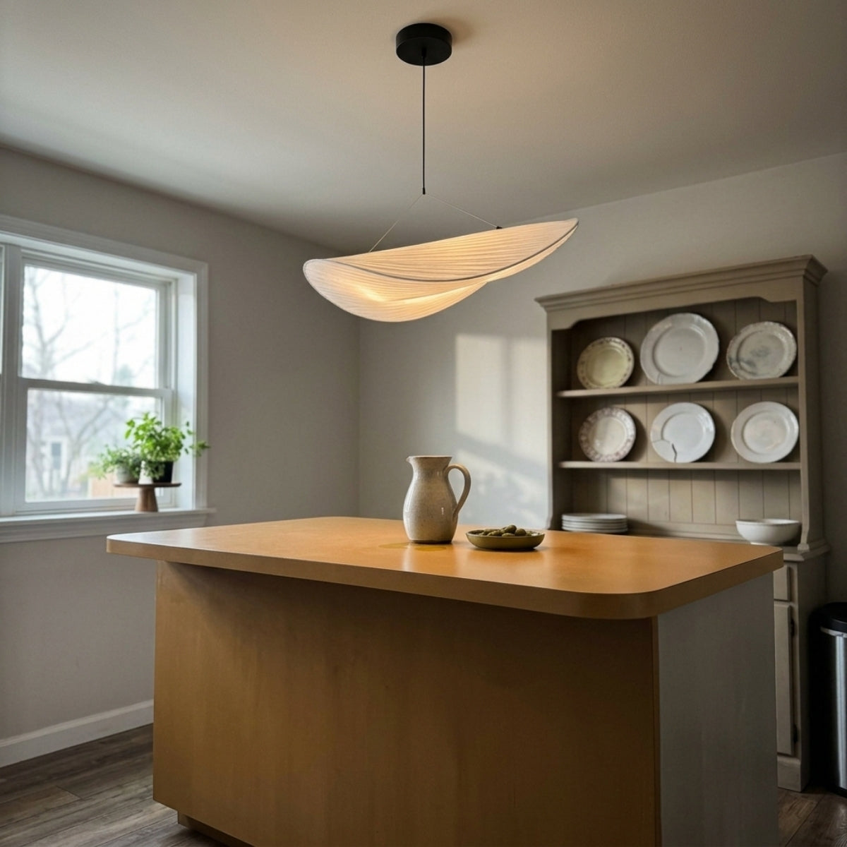 Tense Cloud Silk Pendant over kitchen island, three 15.7-inch shades in a row keeping the flat silk silhouette clear of sightlines to the stove