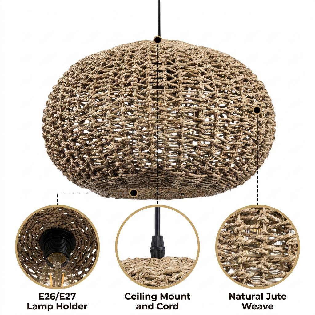 Teru Ji Kaikang Wabi Sabi Wicker Pendant with hand-plaited open jute globe weave, natural matte finish, adjustable cord mount, one E26 socket for warm ambient light