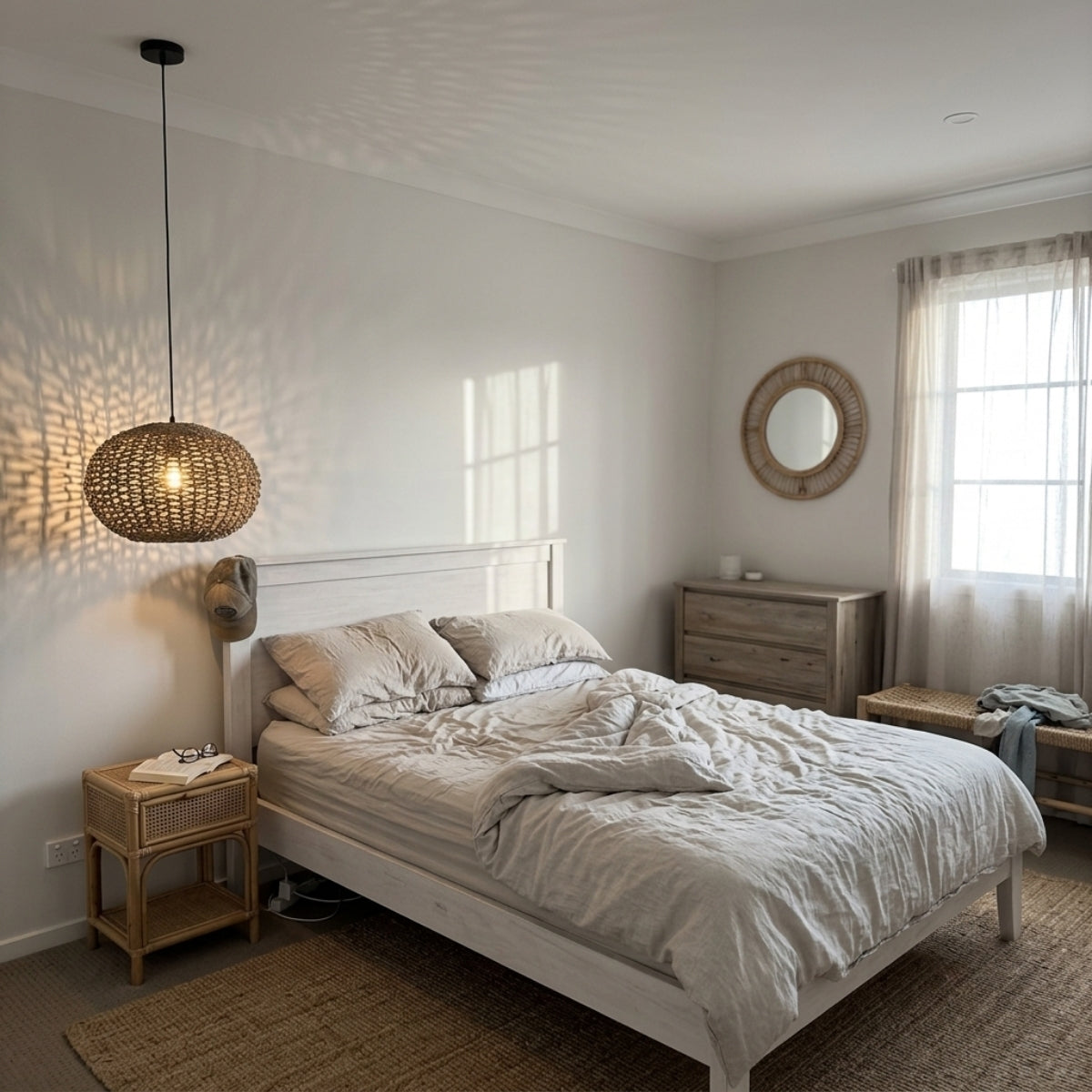 Teru Ji Kaikang Wicker Pendant in bedroom, 15.7-inch globe hanging at pillow height with open jute weave giving a softer glow than a lamp