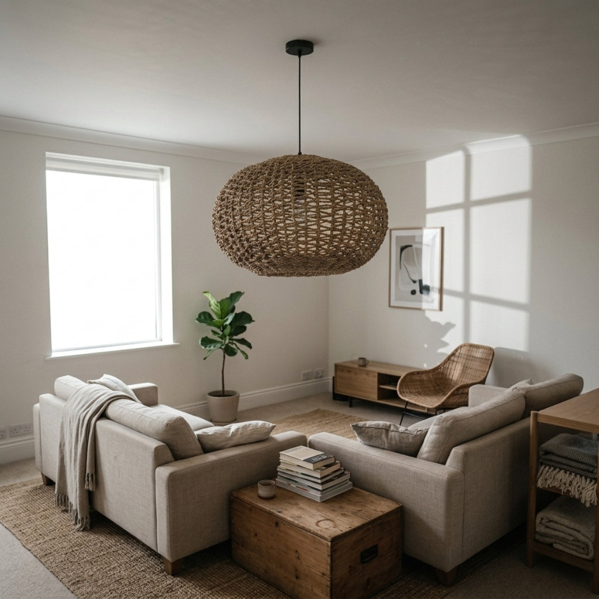 Teru Ji Kaikang Wicker Pendant in living room, 23.6-inch jute globe casting soft shadows across the seating cluster as a coffee table centerpiece