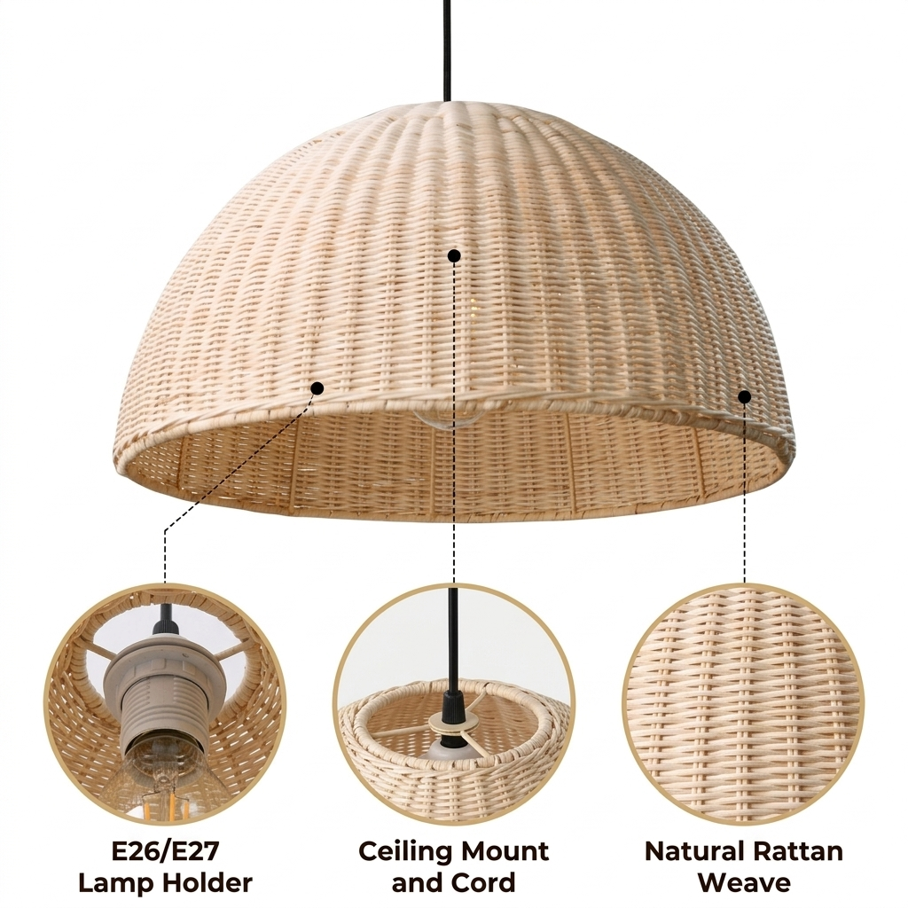 Thaely Dome Wicker Rattan Pendant with tight close rattan weave, white or brown matte finish, adjustable cord mount, one E26 socket for warm ambient light